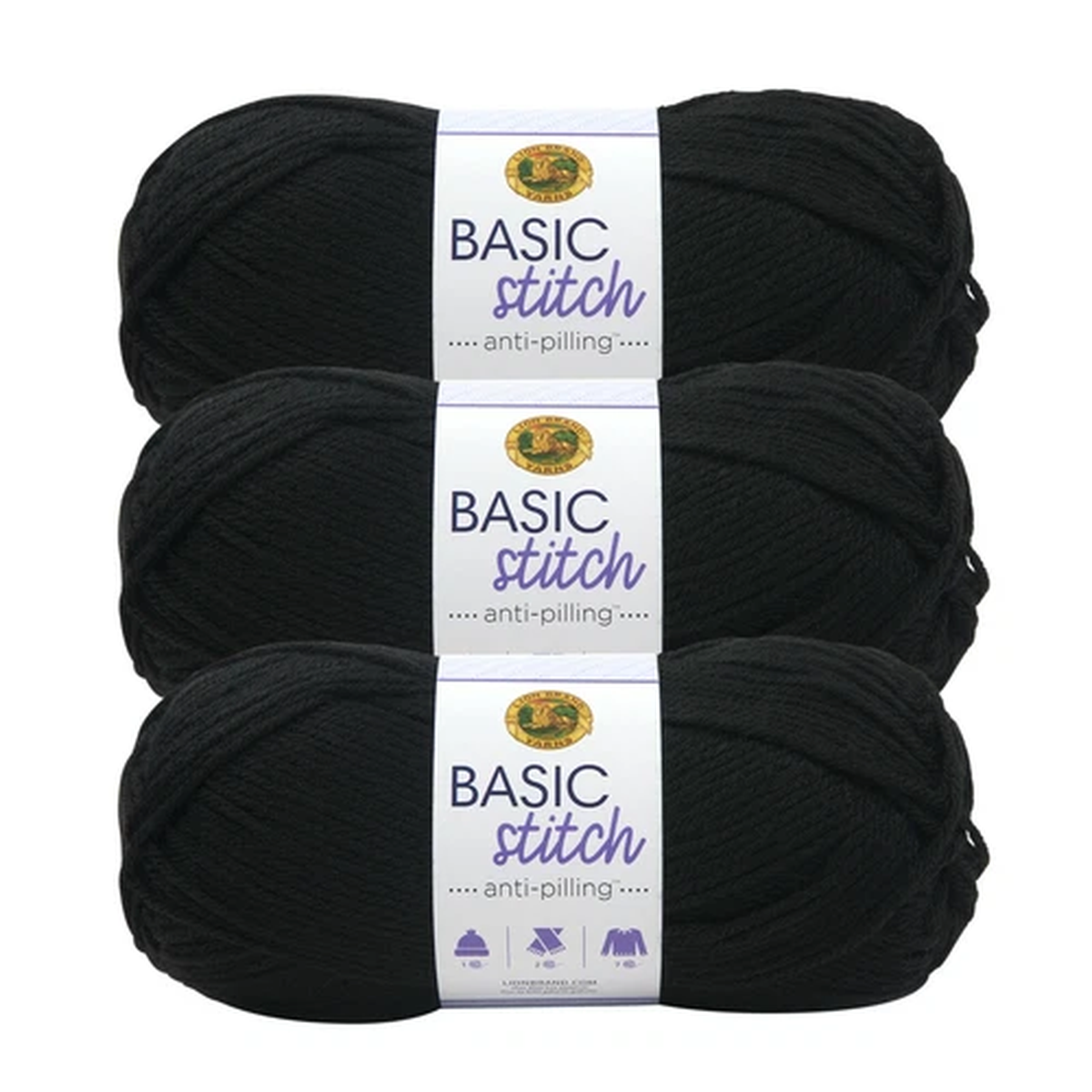 (3 Pack) Lion Brand Yarn 202-153 Basic Stitch Anti Pilling Yarn, Black