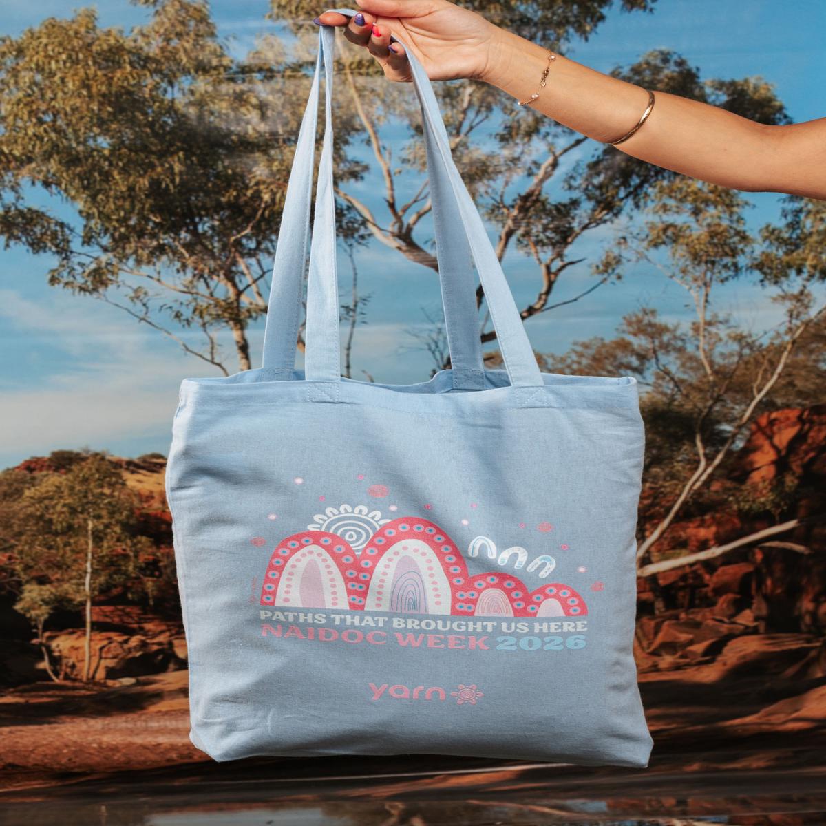 Paths That Brought Us Here NAIDOC Week 2026 Tote Bag Sky Blue Long Handle Cotton Tote Bag