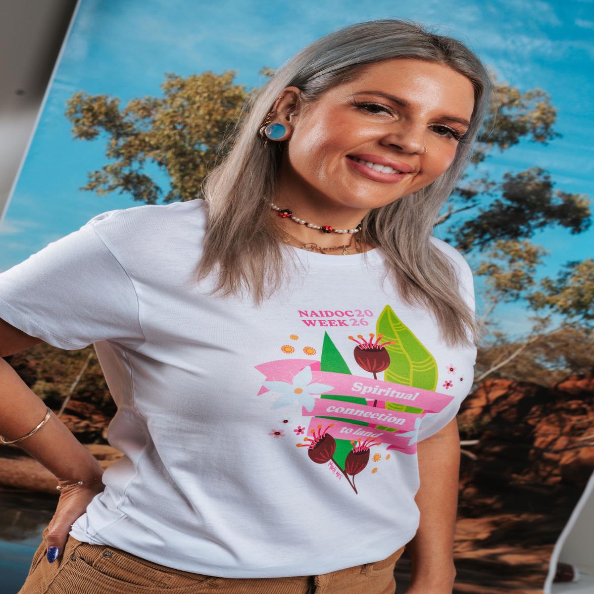 Spiritual Connection To Land NAIDOC Week 2026 White Cotton Crew Neck Women's T-Shirt