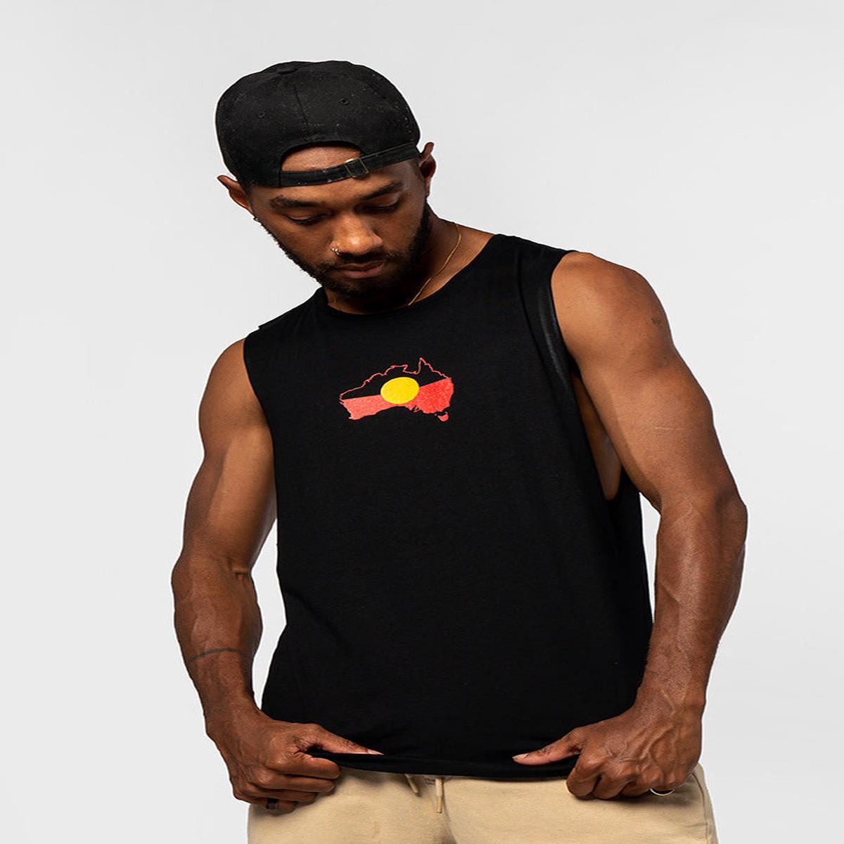 "Raise the Flag" Aboriginal Flag (Australia) Black Cotton Unisex Muscle Tank Top