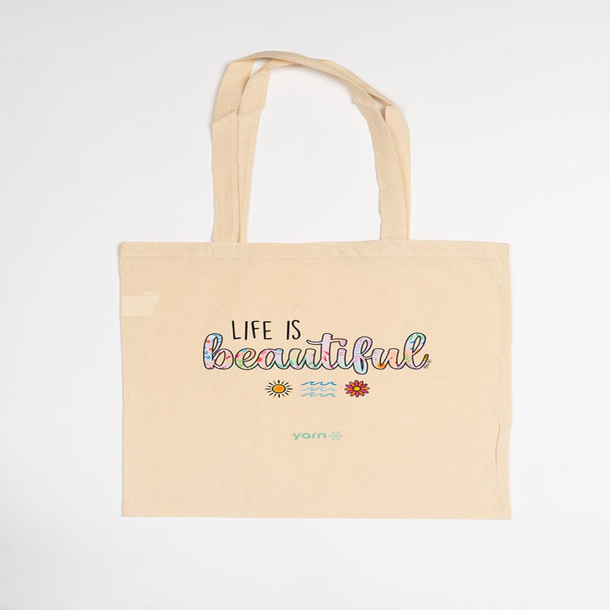 Life Is Beautiful Long Handle Natural Cotton Tote Bag