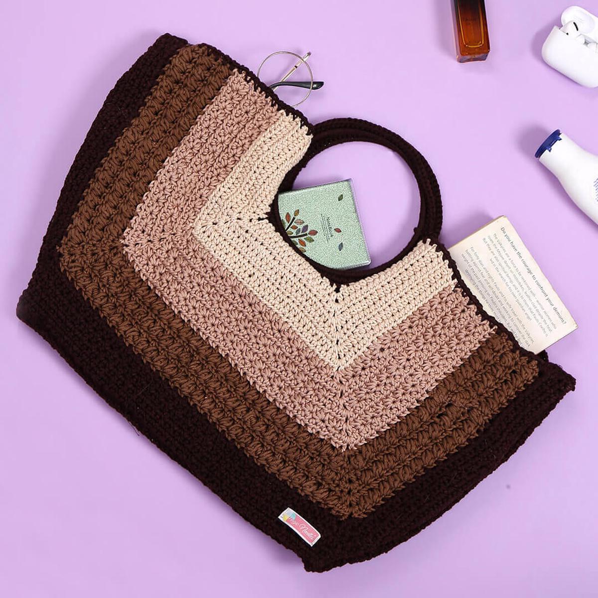 Handmade Cotton Self Design Handbag - Brown - 10364