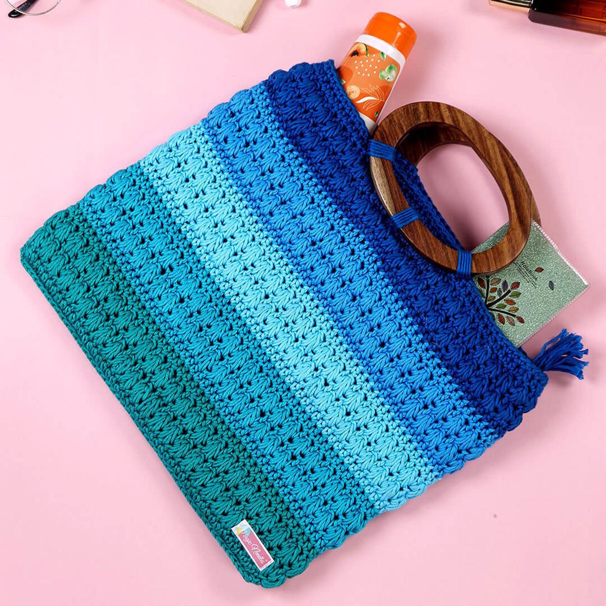 Handmade Cotton Handbag with Wood Handles - Multi - 10367