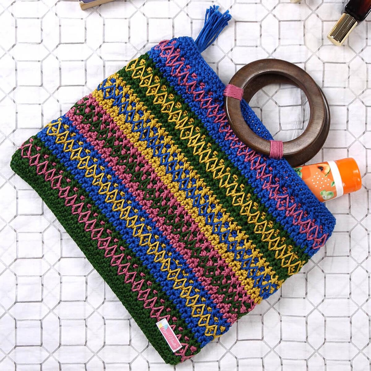 Handmade Cotton Handbag with Wood Handles - Multi - 10363