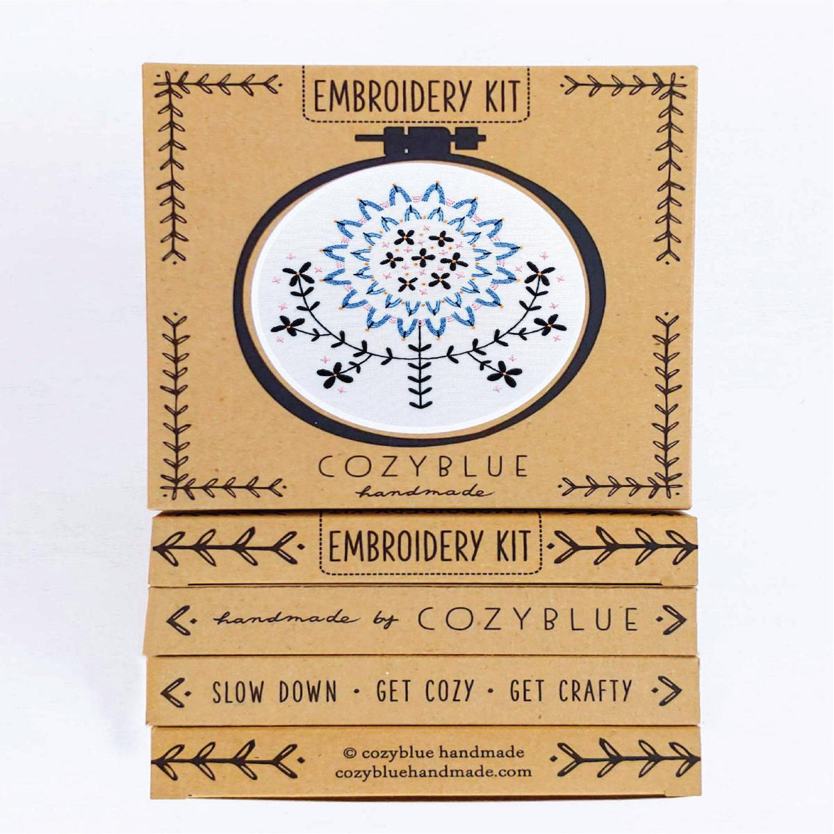 Cozy Blue Folk flower embroidery kit