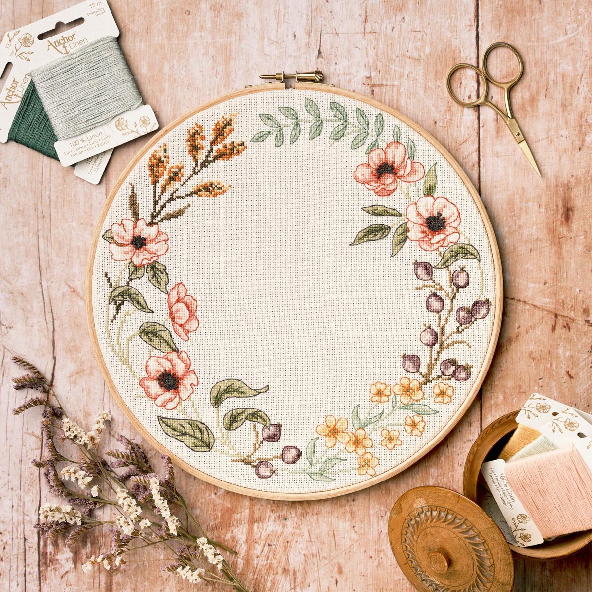 Anchor Linen Counted Cross Stitch Kit - Summer Wreath from the Meadow Collection